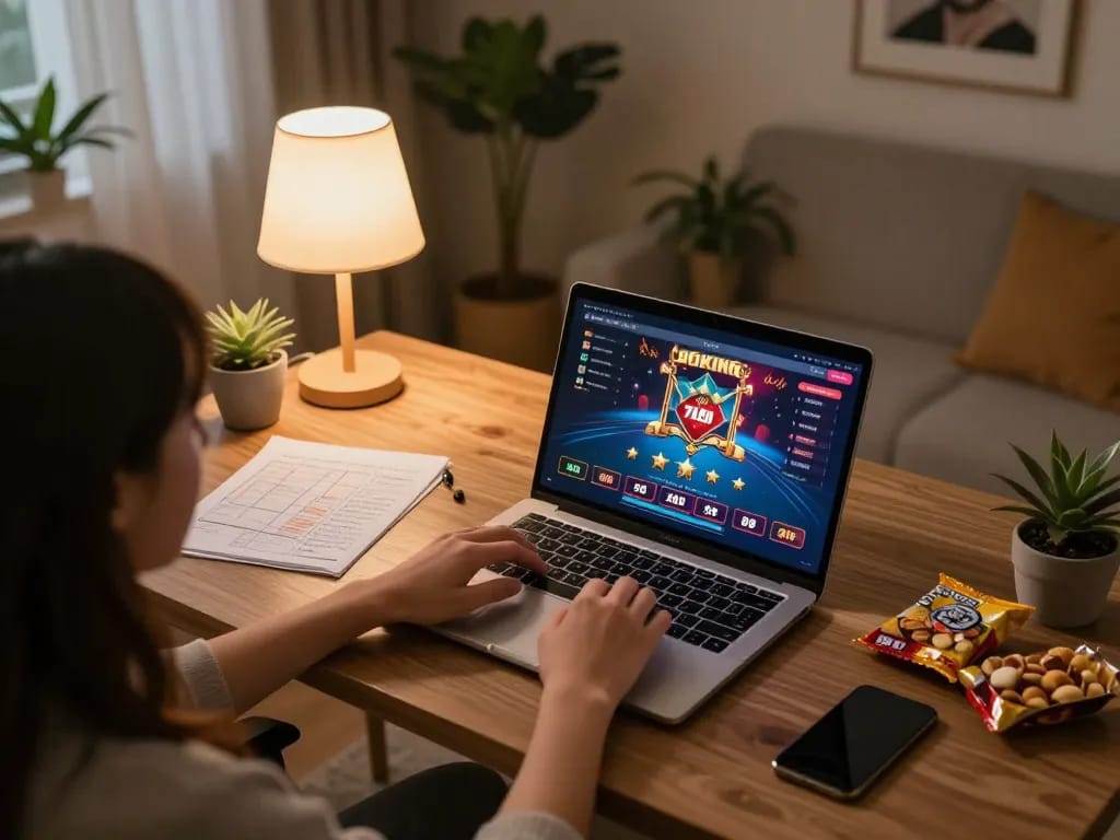 Engaging online gaming session at 79KING with user playing casino games on laptop in cozy room.
