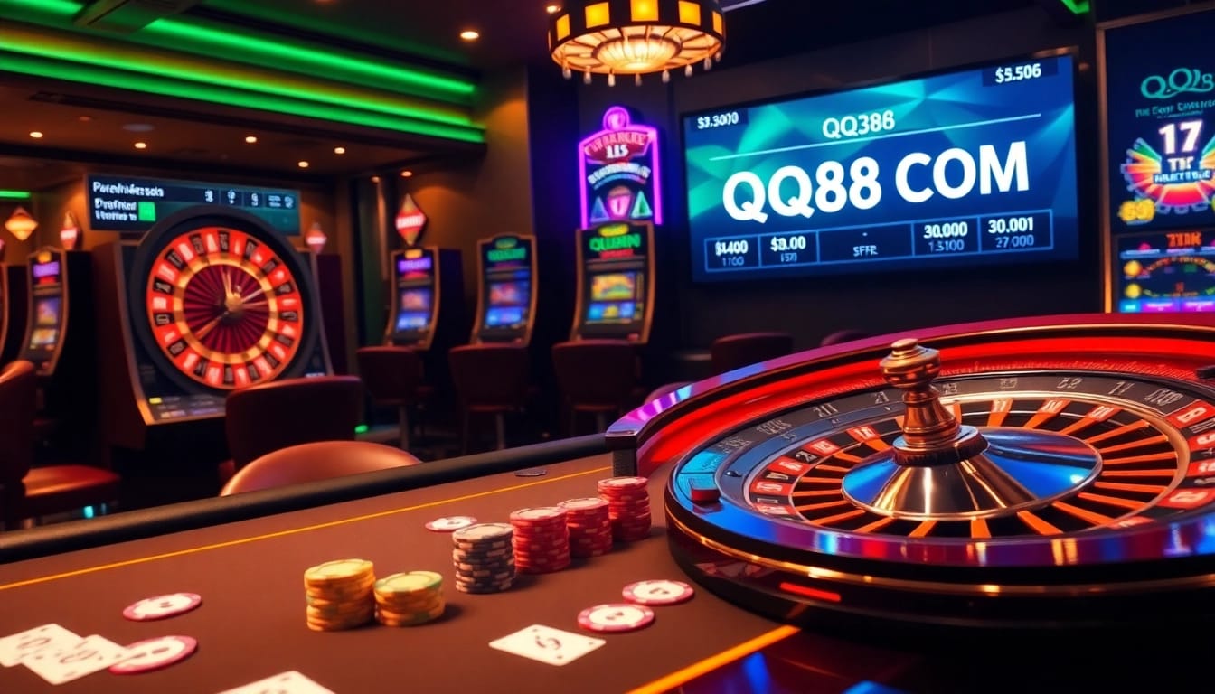 Immersive online casino experience at QQ88 COM with poker, roulette, and vibrant slot machines.