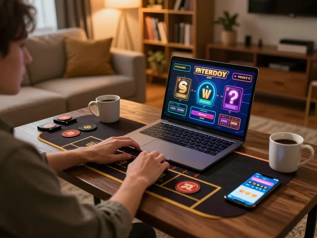 Player enjoying tg88 online casino gaming with live dealer, laptop, and betting app in cozy home.