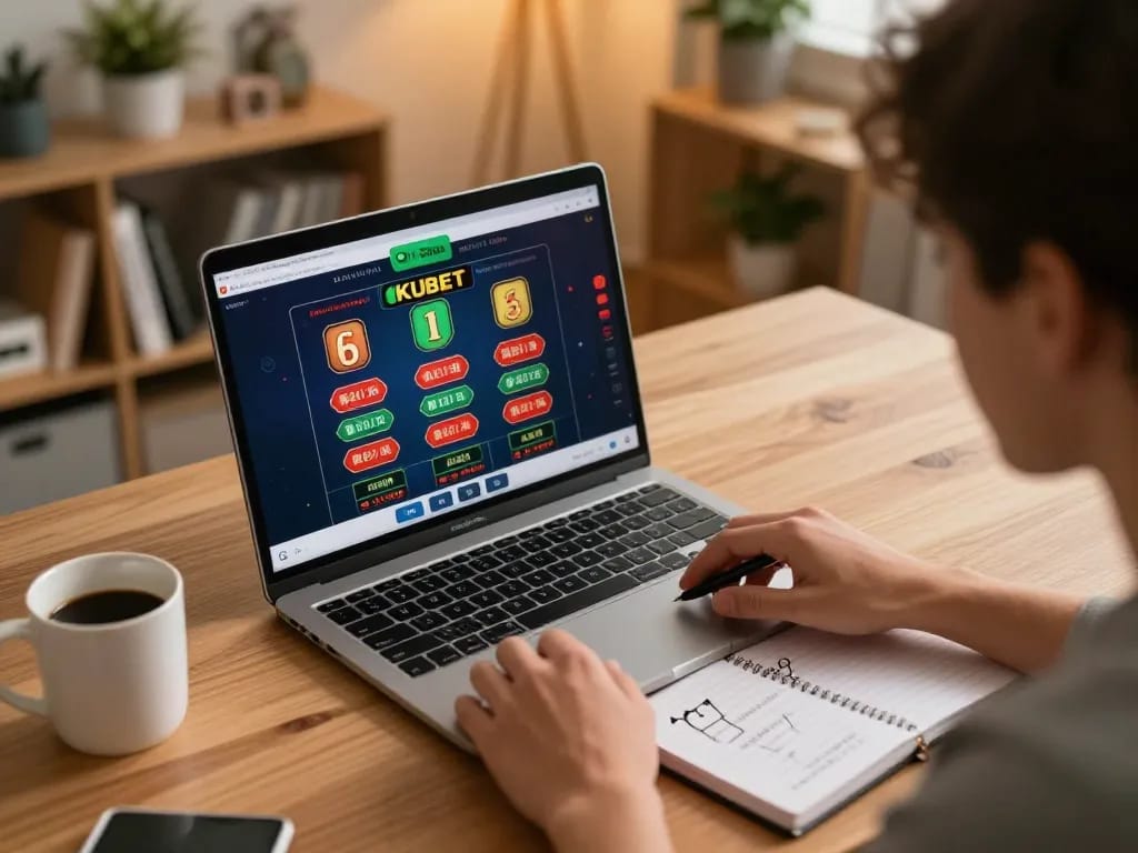 KUBET player engaging with online live dealer games at home, laptop displaying exciting casino interface.