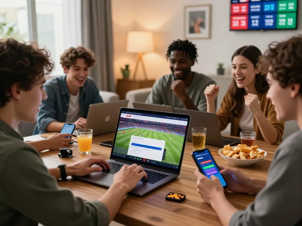 Friends engaging with the Login Topbet page while enjoying a sports game in a lively atmosphere.