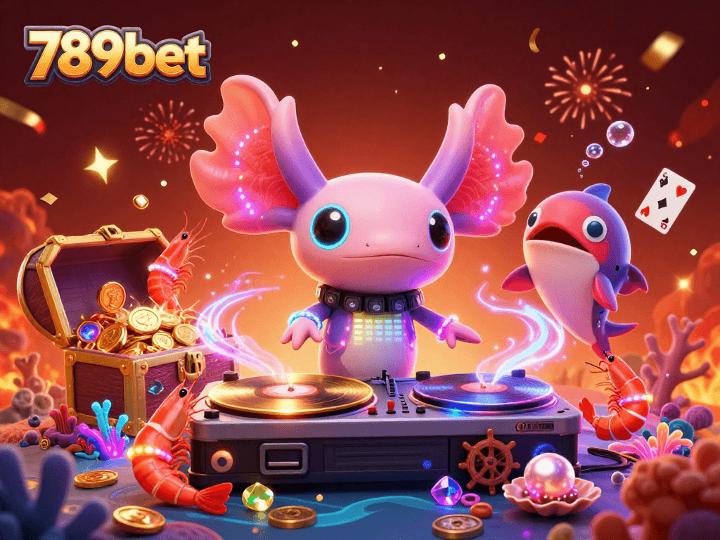 Experience vibrant 789bet action with a neon axolotl DJ, dancing shrimp, and dynamic gaming elements.