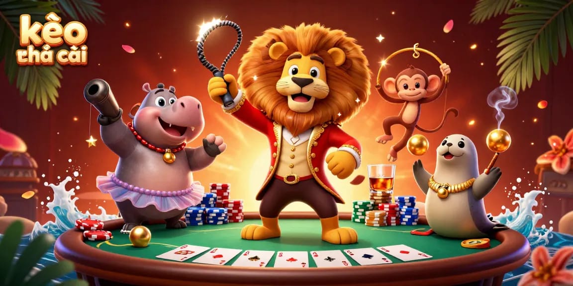 Engage with kèo nhà cái in this vibrant casino scene featuring a lion ringmaster, hippo, monkey, and seal.