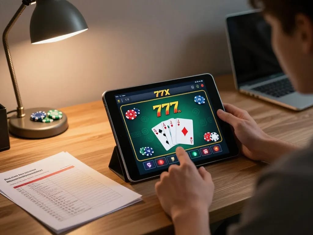 Playing poker on the 777x casino app while managing a strategy notebook.