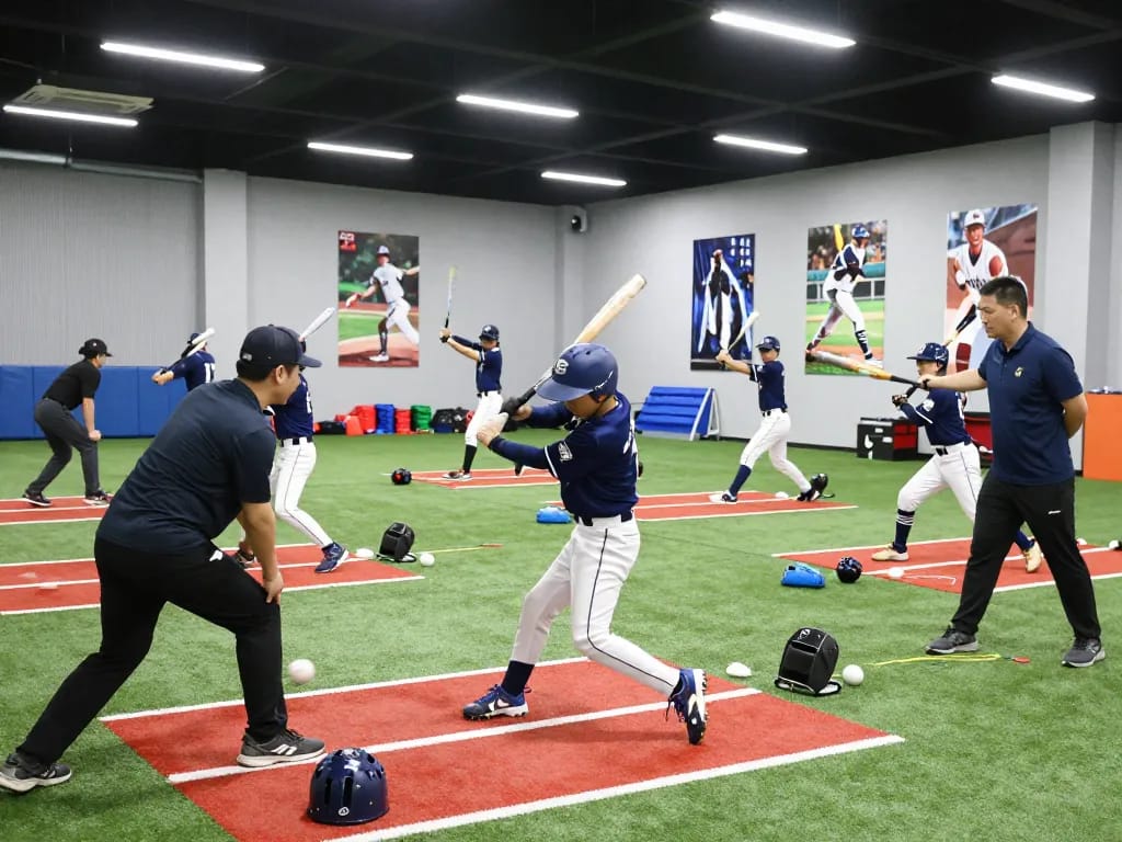 Hitclub baseball training session with young athletes practicing swings and coaches providing guidance in a modern facility
