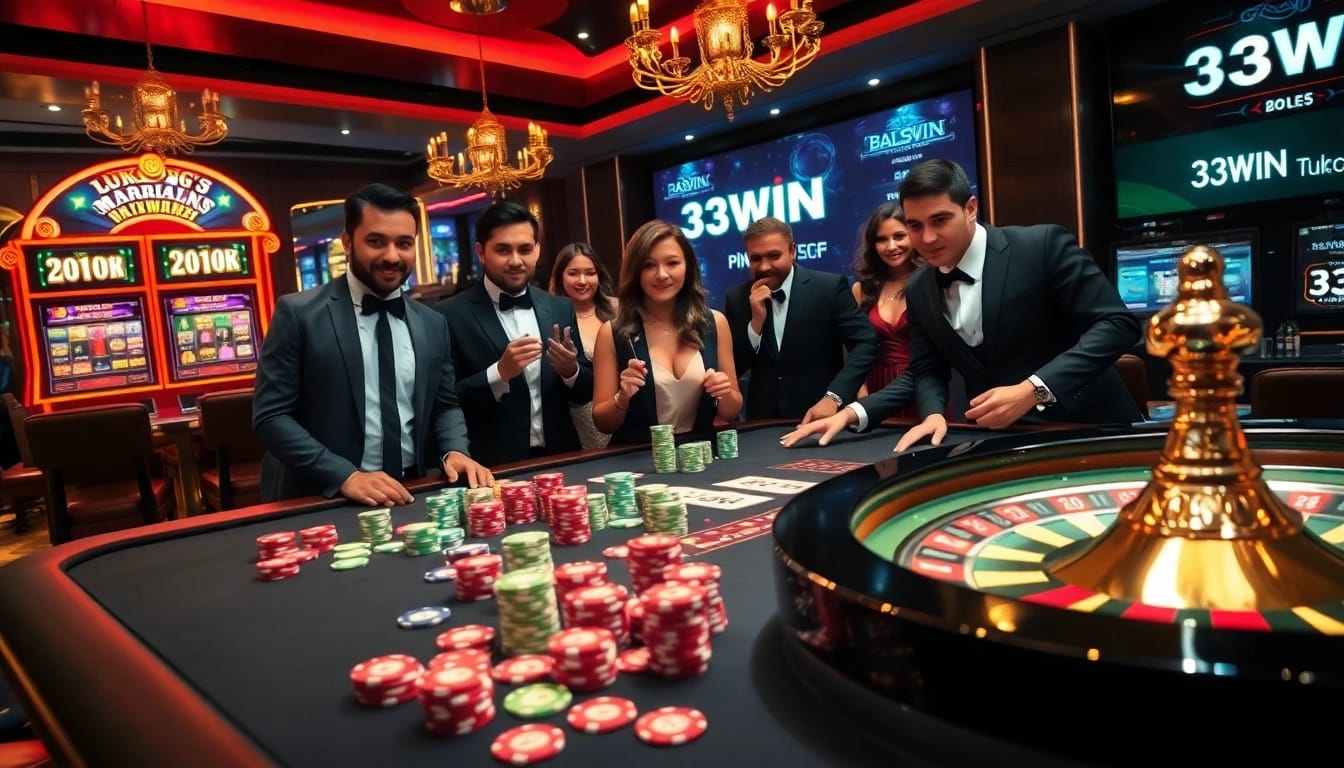 Exciting casino scene featuring 33WIN poker chips and vibrant slot machines, showcasing thrilling gameplay.