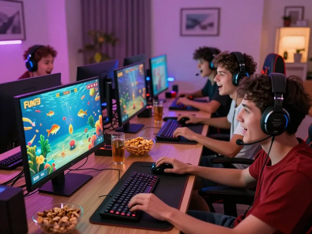 Exciting gaming scene on trang chủ fun79 with friends playing fish-shooting game, showcasing colorful graphics and camaraderie.