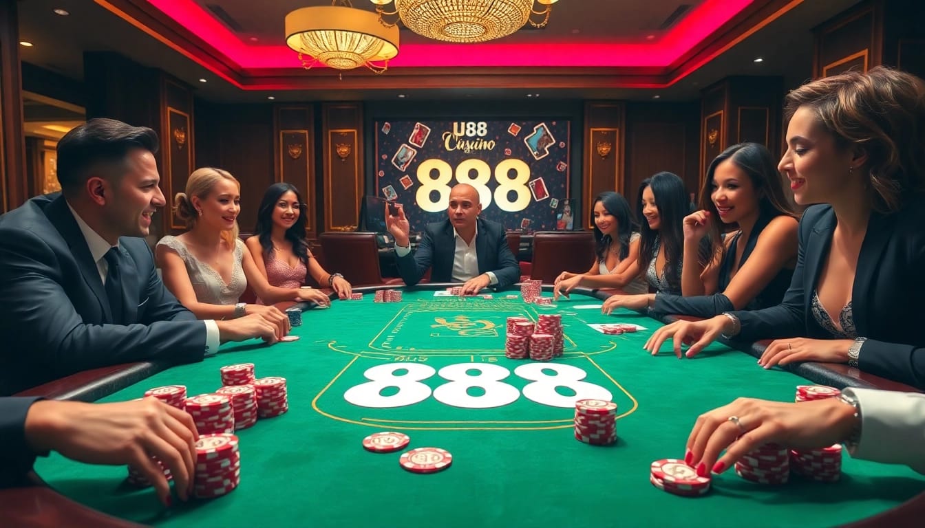 Engaged players enjoy a thrilling U88 poker game at an upscale casino.