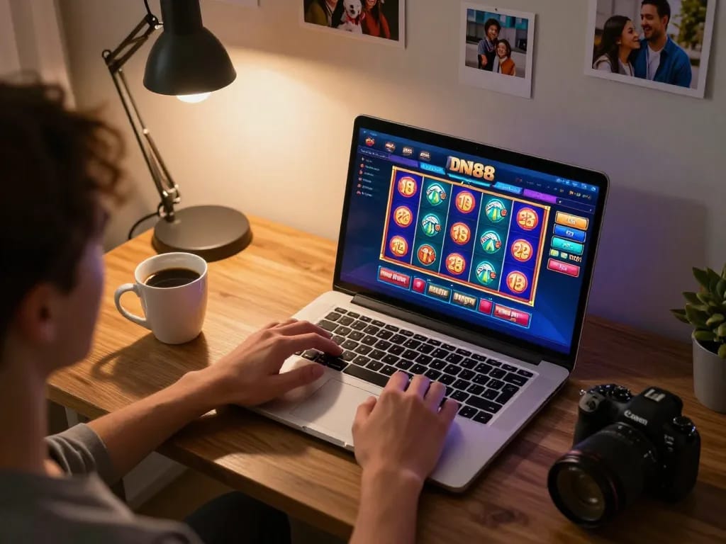 Player engaging with DN88 casino app on laptop in cozy home setting, emphasizing responsible gaming.