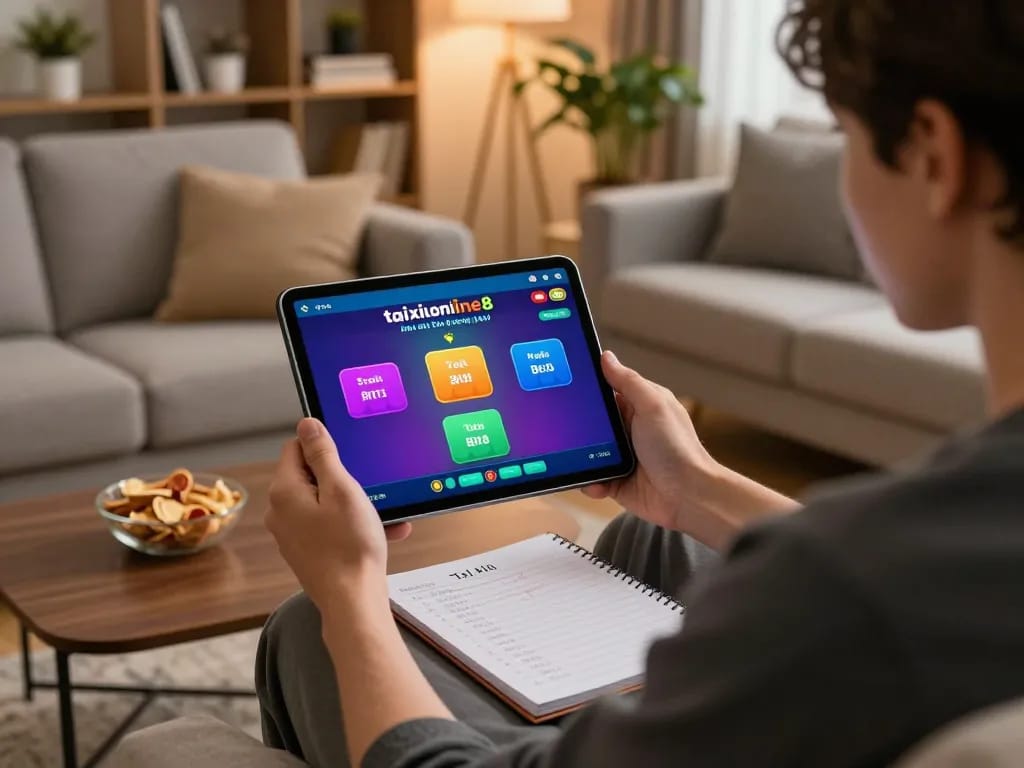Engaging in online Tài Xỉu gaming on taixiuonline8 app within a cozy living room.