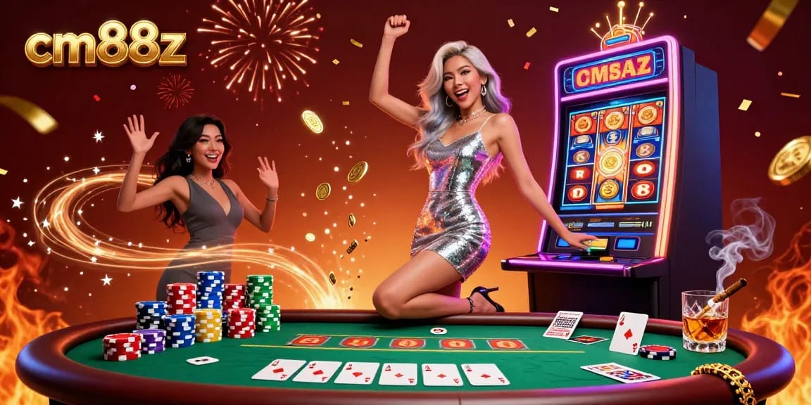 Experience excitement at cm88z with a glamorous woman celebrating a jackpot win at a dynamic casino scene.