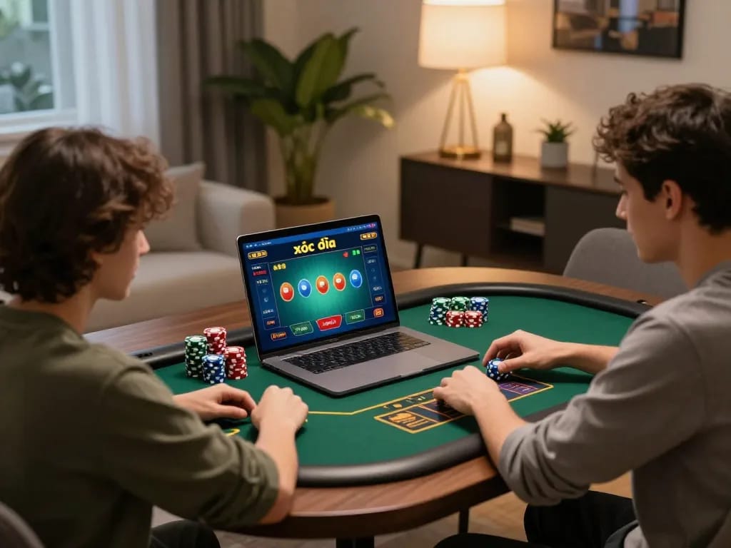 Xóc đĩa gameplay in a cozy home setting, with a player focused on their laptop.
