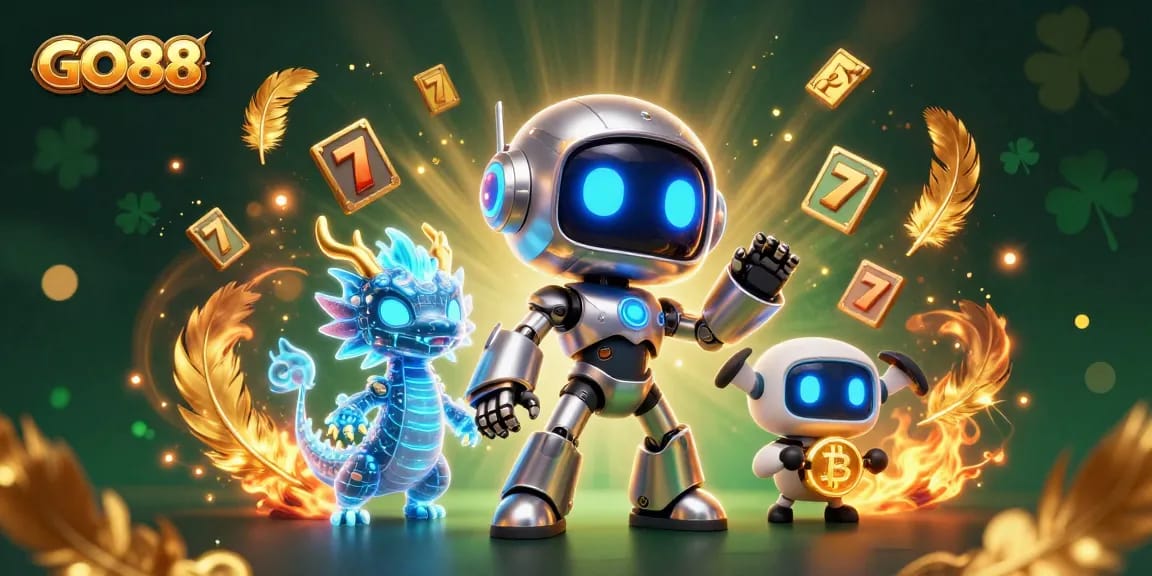Engage with GO88's exciting slots through a dynamic 3D casino scene featuring robotic characters.