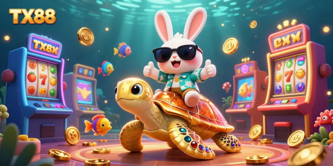 Engage in thrilling play at TX88 casino with vibrant luck and excitement in a cartoon illustration.