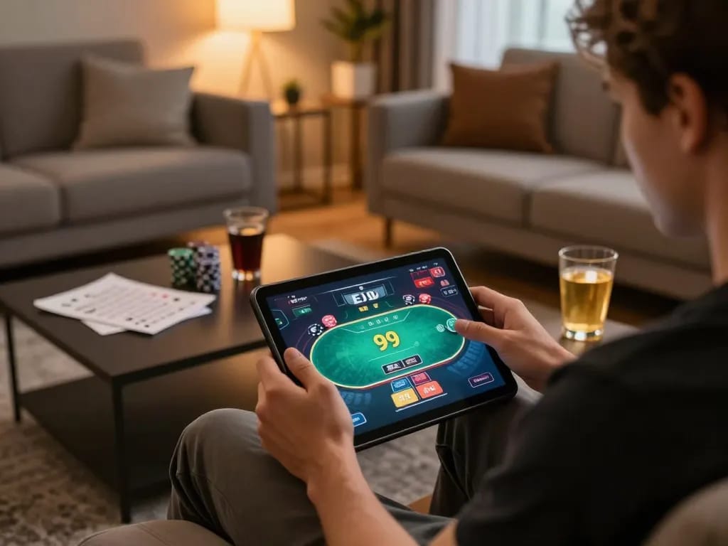 Playing EV 99 poker on a tablet in a cozy home setting with strategy notes.