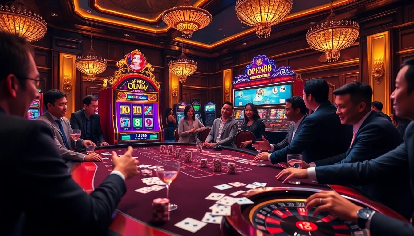Experience the thrill of OPEN88 with an elegant casino scene showcasing vibrant slot machines and players in action.