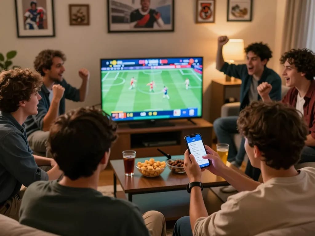 Friends enjoying a thrilling sports betting experience using the U888 app during game day with excitement and snacks.
