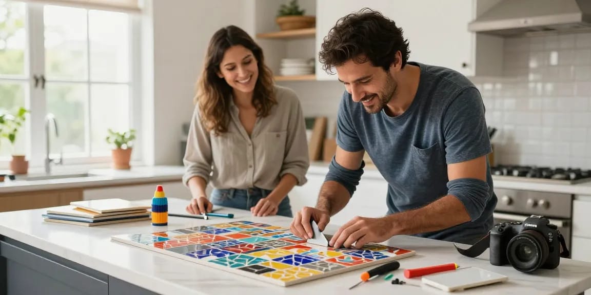 تركيب سيراميك باكستاني في مطبخ حديث، يظهر معلم سيراميك باكستاني بمهارة.