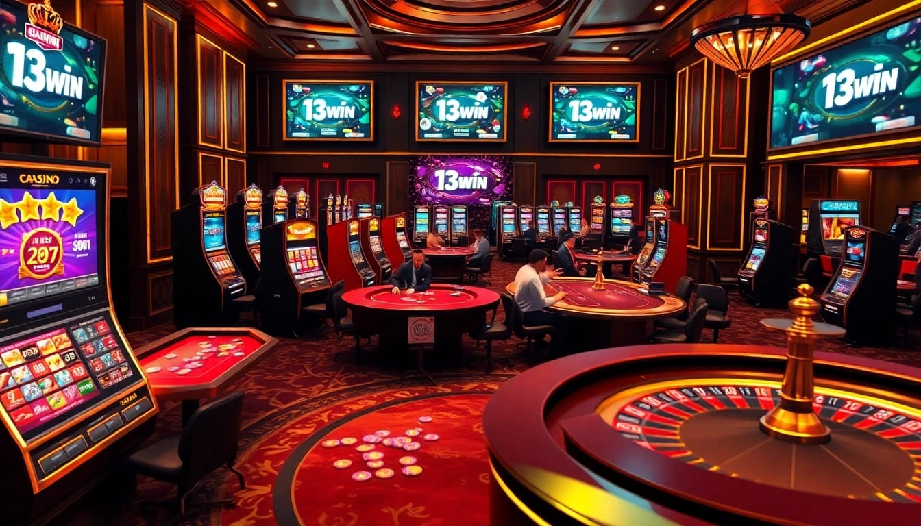 Experience the elegance of 13win with players enjoying various casino games in a luxurious online setting.