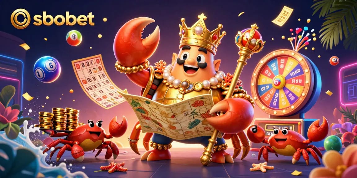SBOBET thrilling gaming experience with a cartoon golden crab emperor and hermit crabs amidst colorful lottery elements.