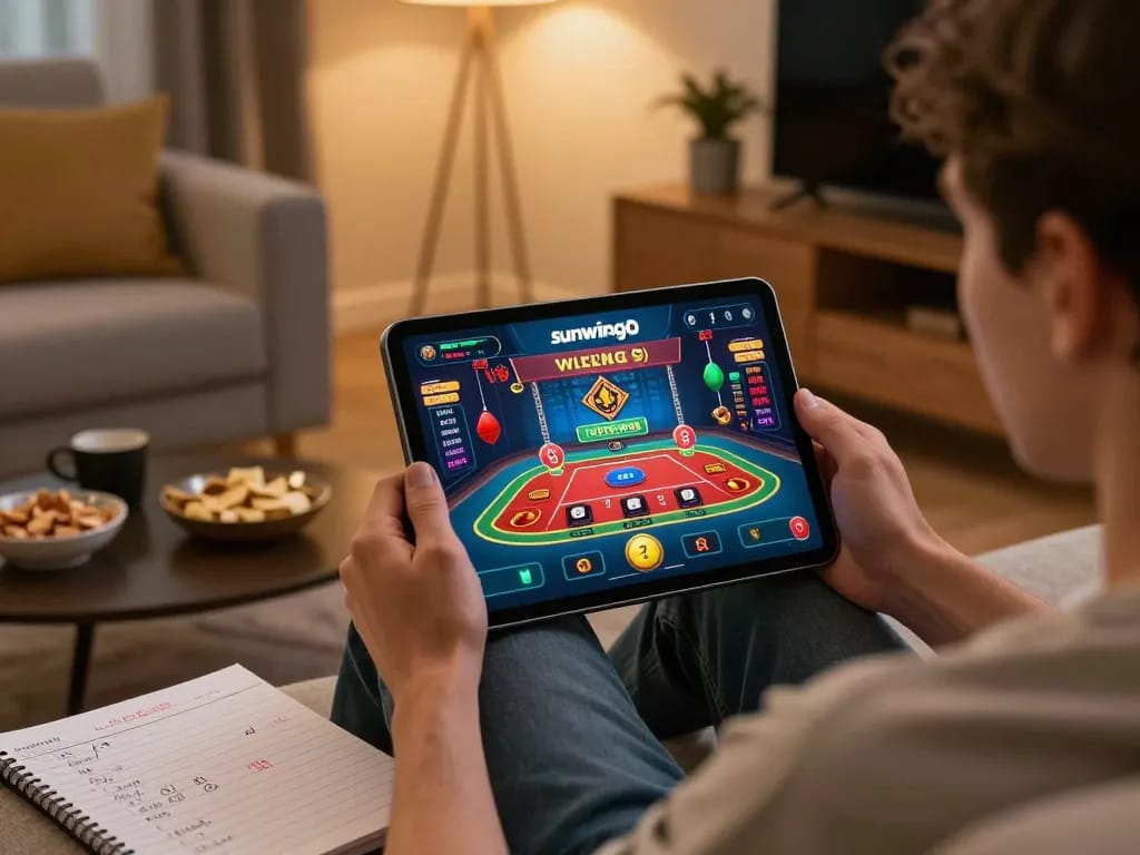 Player enjoying online games on sunwingo app from a cozy home setup with snacks and strategy notes.