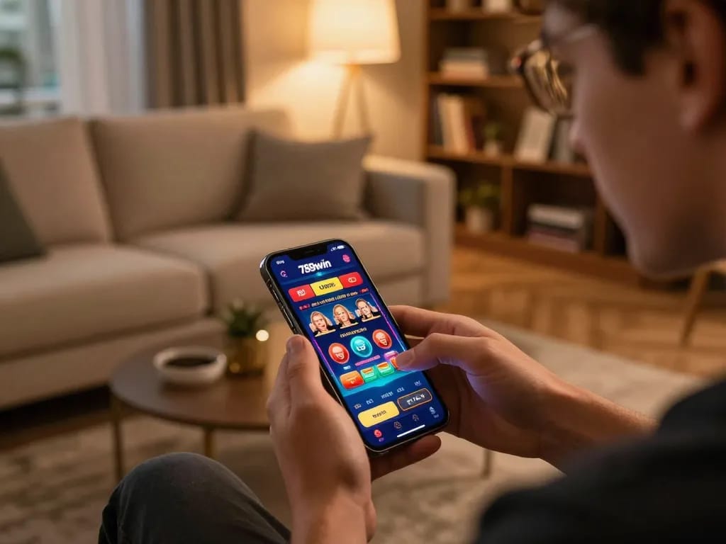 Experience the thrill of online gaming with 789win's mobile app in a cozy home setting.