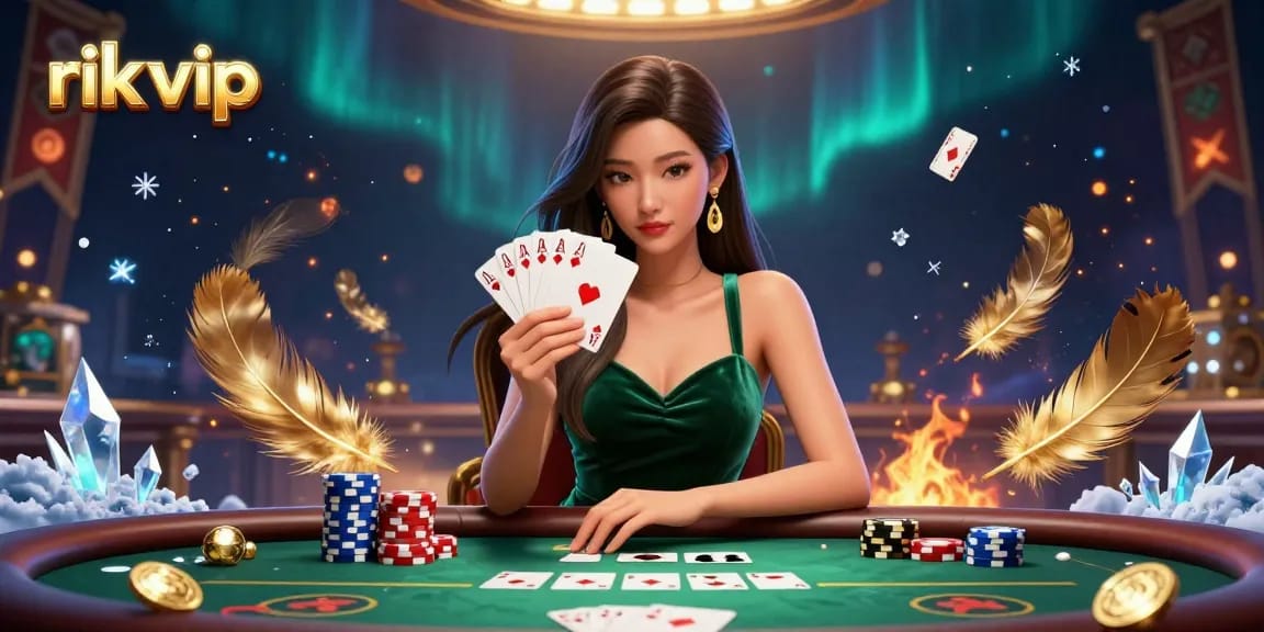Experience thrilling poker gameplay at rik vip with a stunning Asian dealer, vibrant colors, and rich details.