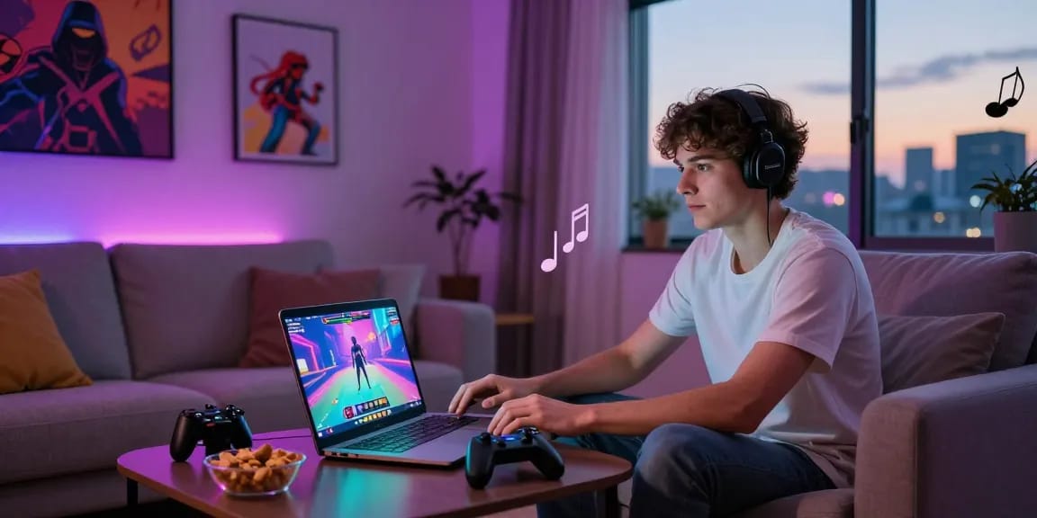 Enjoying a porn game online in a cozy home setup with vibrant gaming atmosphere.