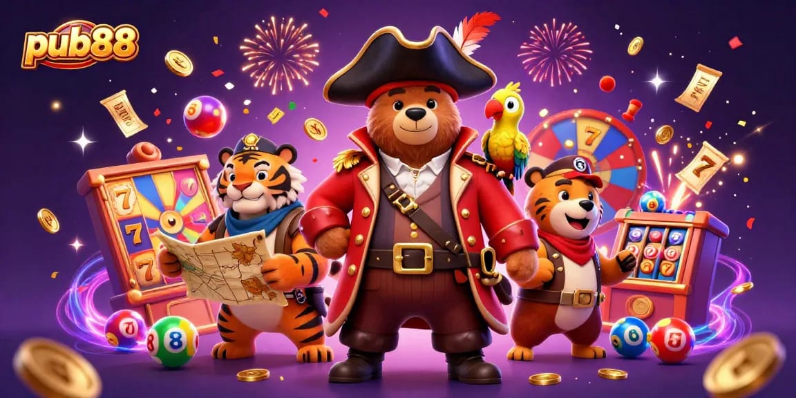 Experience the thrill of pub88 with a pirate, tiger, and treasure in a dynamic casino scene.