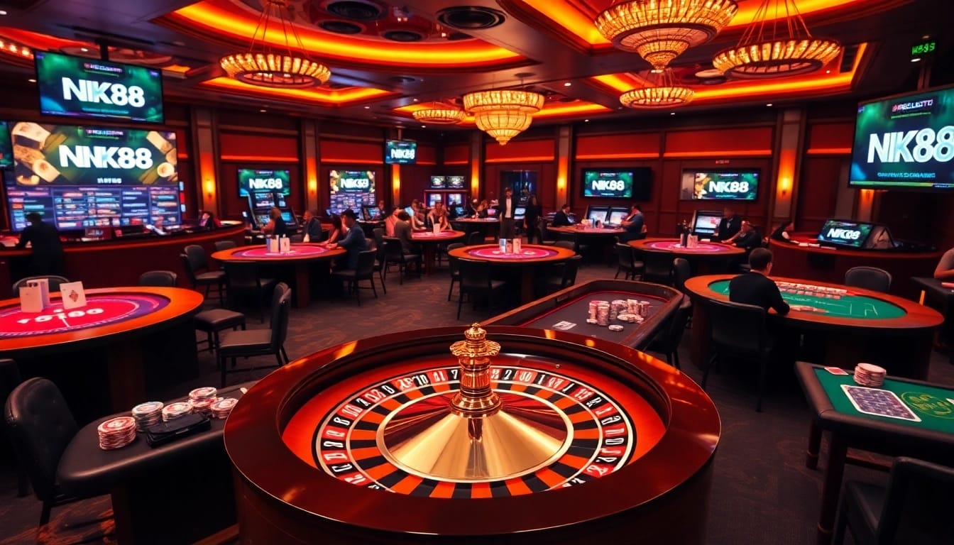 Players enjoying a vibrant NK88 roulette game in a luxurious casino setting.