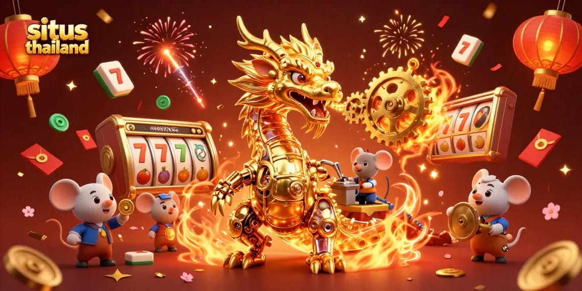 Play engaging slots at situs thailand with a golden dragon and festive decorations.