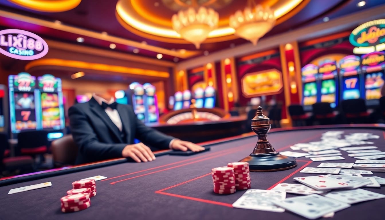 LIXI88 online casino vibrant scene featuring a roulette wheel and poker chips in action.