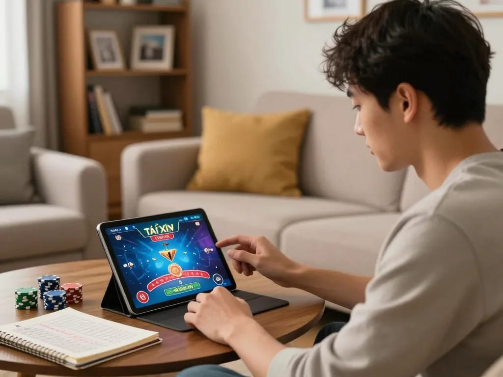 Tài xỉu online uy tín gameplay on a tablet amidst a cozy home environment with betting notes visible