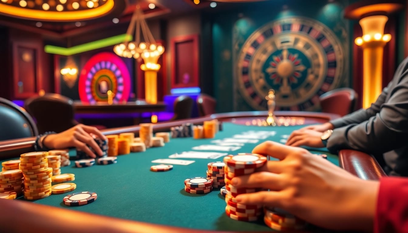 Engaging poker game at a luxurious casino table promoting KUWIN's thrilling betting experiences.
