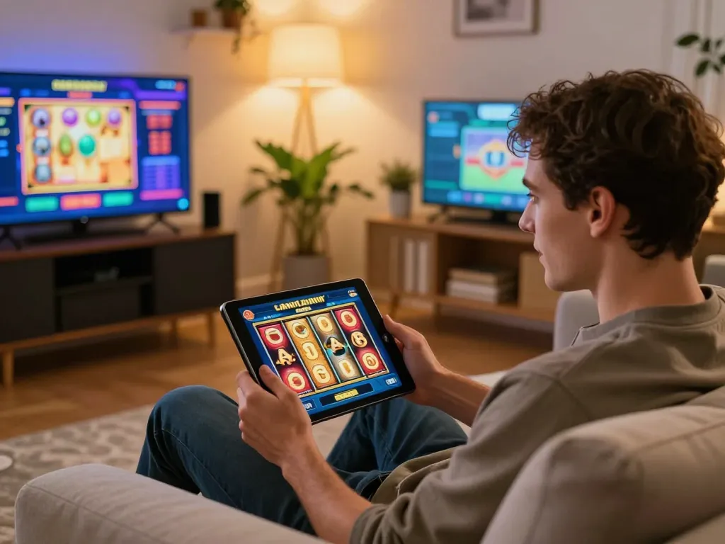Permainan yang menarik pada tablet link slot di lingkungan rumah yang nyaman, menampilkan suasana permainan yang dinamis.