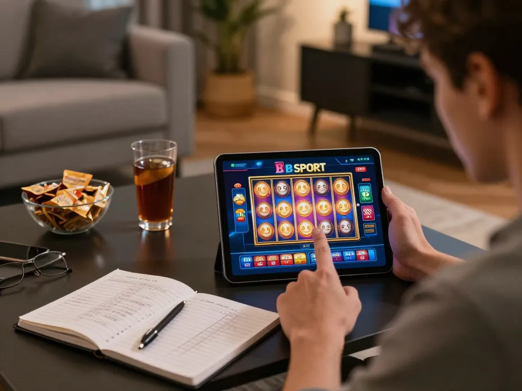Engaging player using Bsport casino app on tablet for online gambling at home