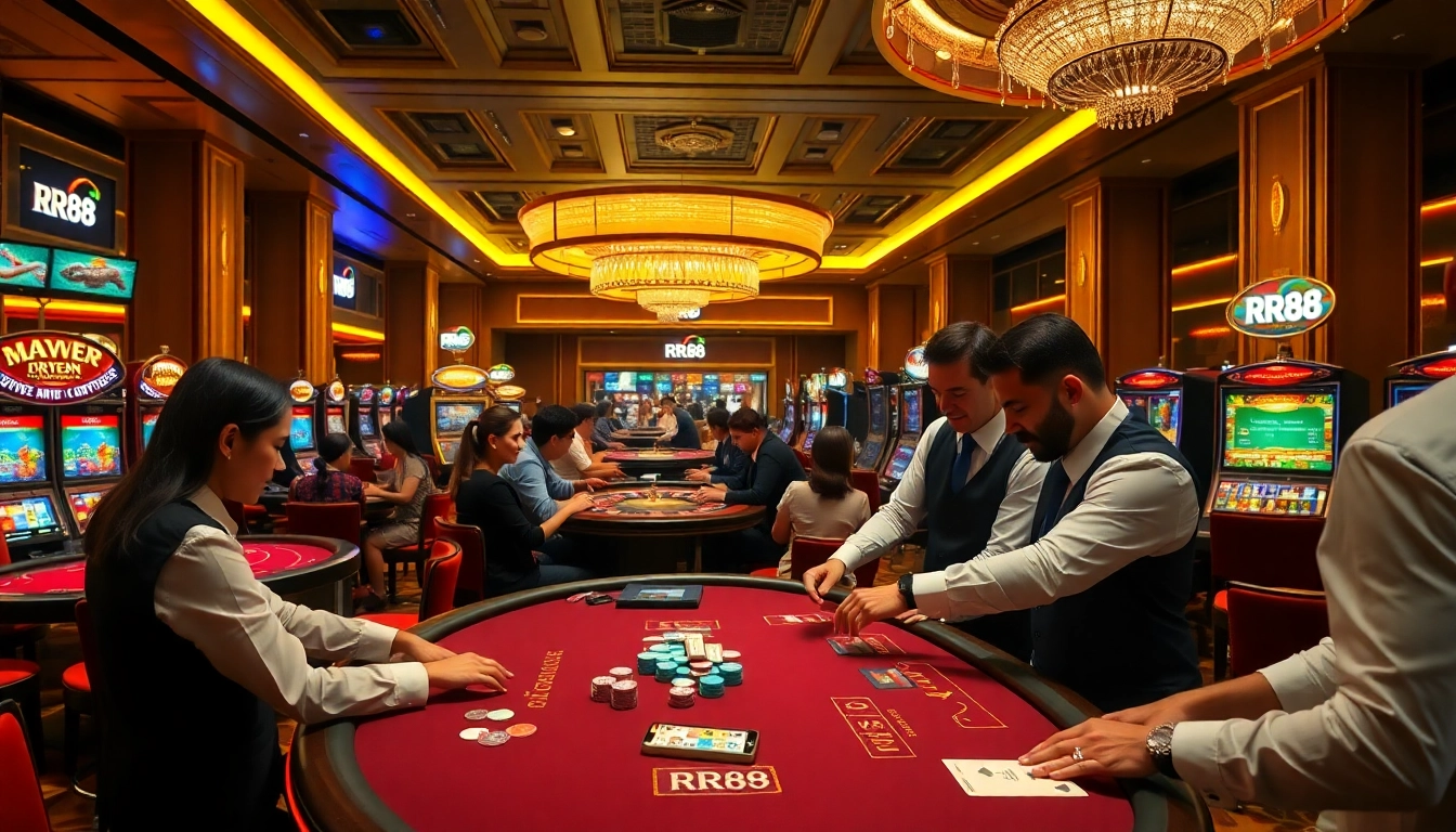 RR88 logo prominently displayed in an elegant casino atmosphere with excited gamblers playing games.