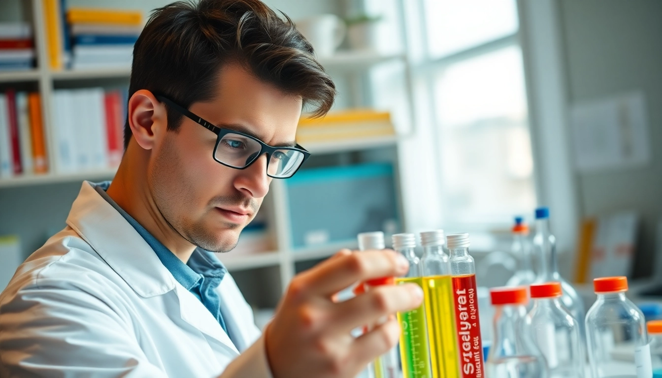 Peptides UK researcher examining samples in a vibrant laboratory environment.