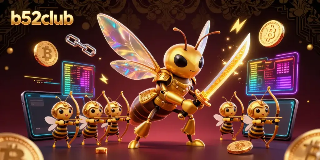 Engage with B52Club's vibrant gaming world while interacting with dynamic characters in a digital casino setting.