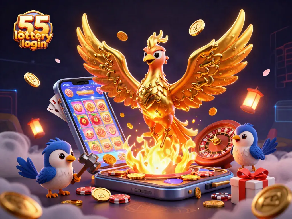 Win with exciting games on 55 lottery login, featuring joyous golden phoenix and dynamic casino elements.