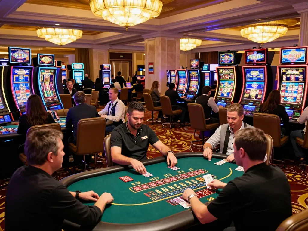 Players enjoying the excitement of slots and table games at 8kbet's luxurious casino atmosphere