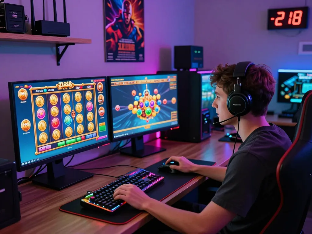 Engaged gamer playing ZX88 on multiple monitors in a vibrant gaming setup