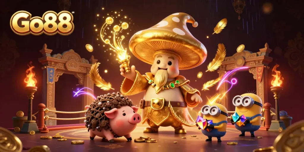 Go88 gamblers rejoice in a magical realm, as treasures and gold coins swirl around animated characters.