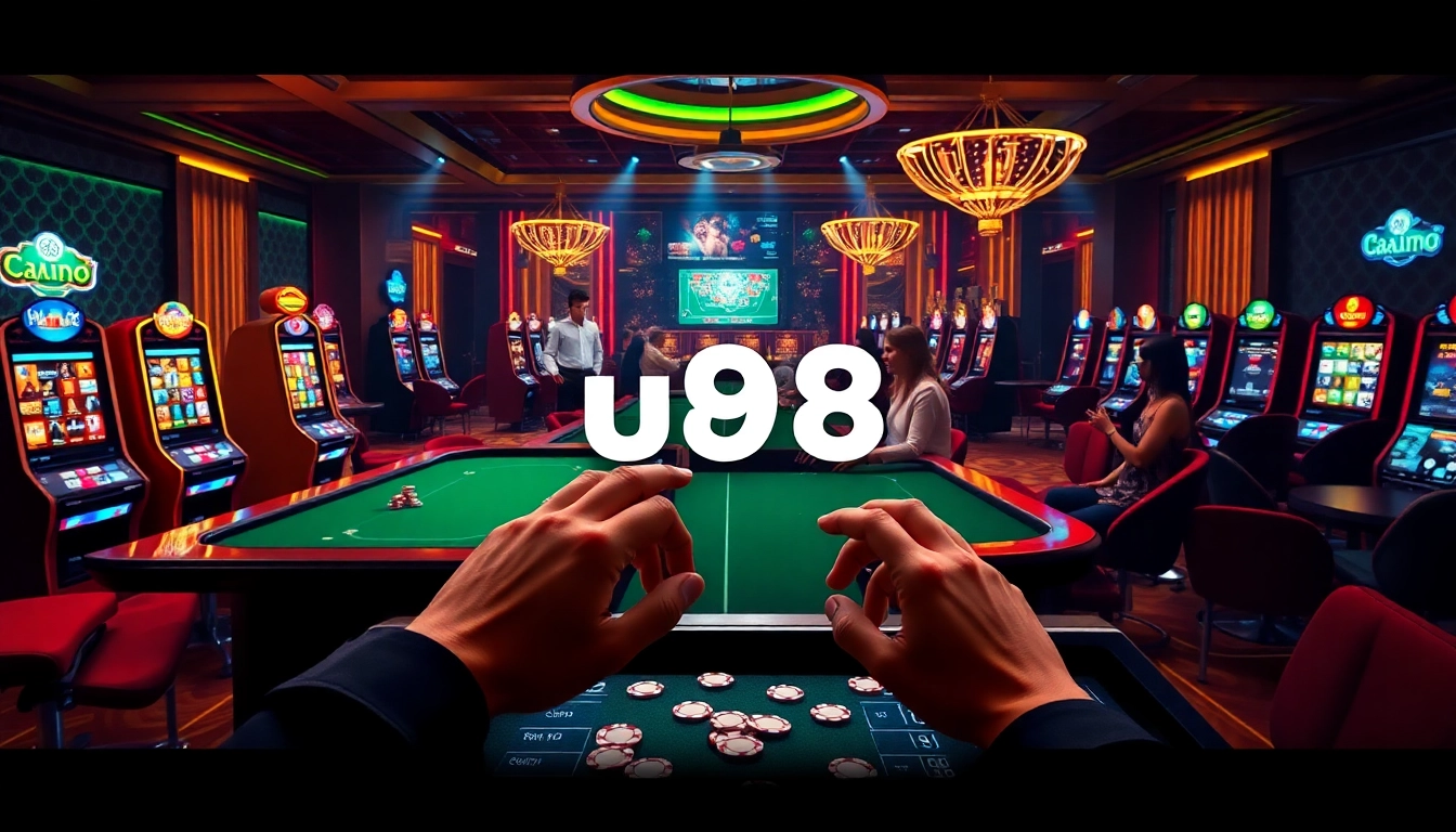 Engaging online gambling scene highlighting uu88 with casino tables, chips, and vibrant slot machines.
