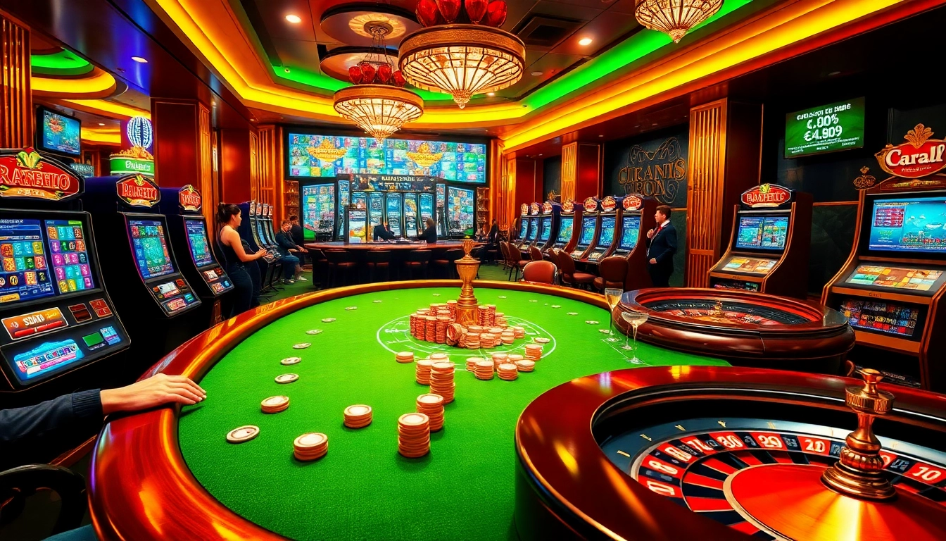 Exciting gambling scene showcasing sa88 with poker tables, slot machines, and vibrant roulette action.