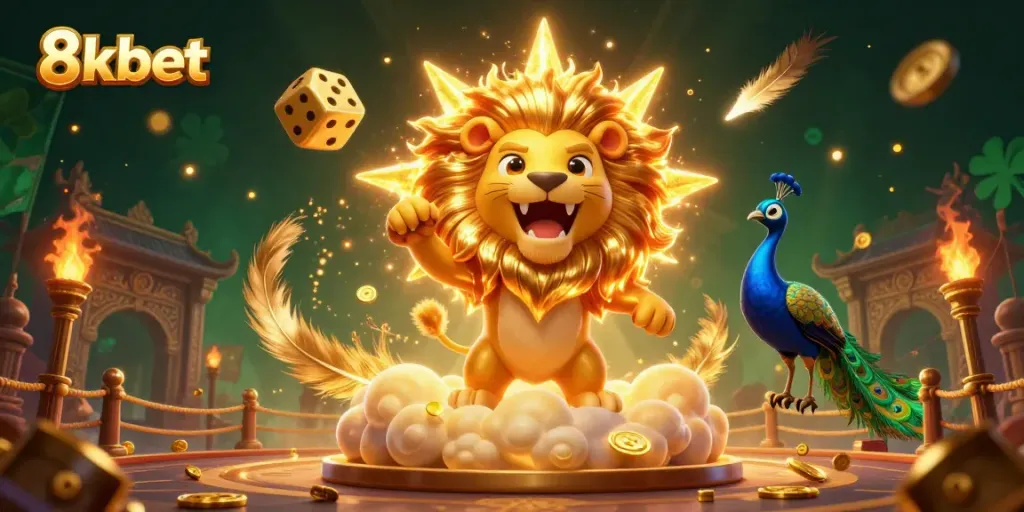 Engage with 8xbet's thrilling casino scene featuring a majestic sun lion and golden dice.