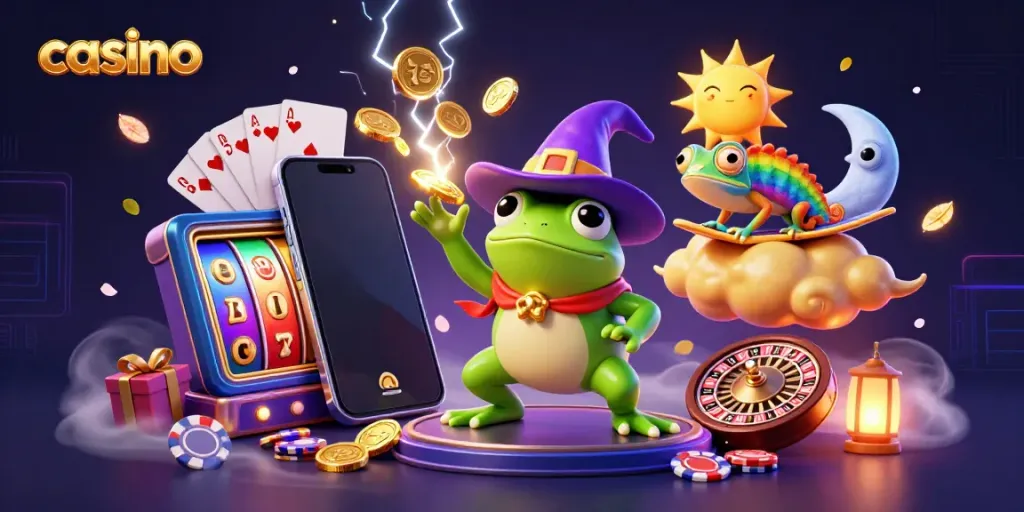 Experience the magic of casino adventures with a vibrant illustration of a weather wizard frog and rainbow chameleon surrounded by gaming elements.