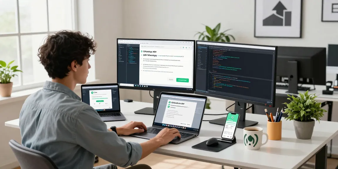 Developer discussing GB WhatsApp app features in a modern office workspace with multiple screens and tech gadgets.