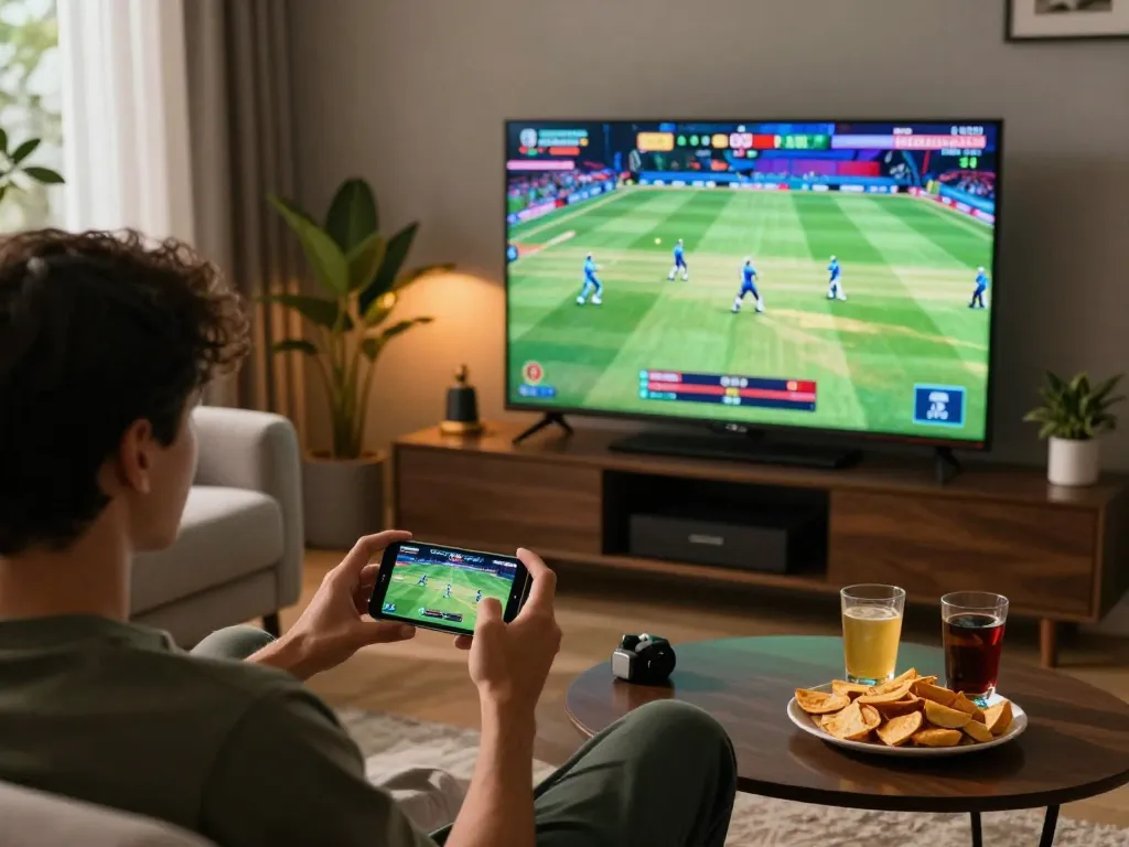 Person enjoying sports betting with Jaya9 app while watching live cricket