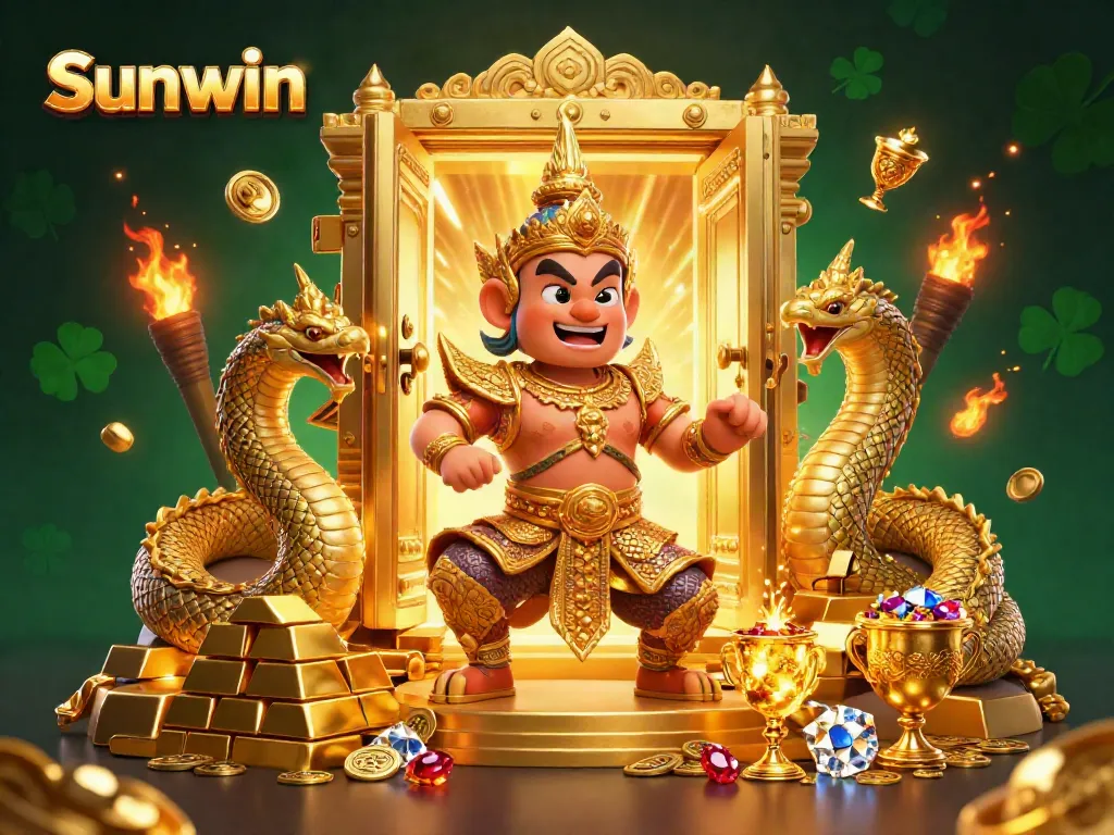 Experience the vibrant world of Sunwin with golden treasures and mystical guardians in this 3D digital art.